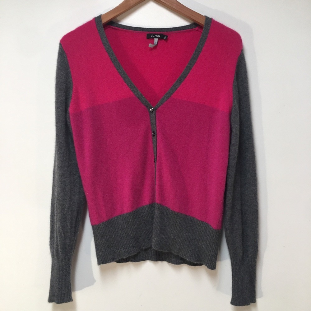 Apt. 9 Cardigan Sweater Women Large Pink Grey Colorblock 100% Cashmere V-Neck